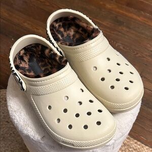 CROCS Beige Mules with Animal Print Lining